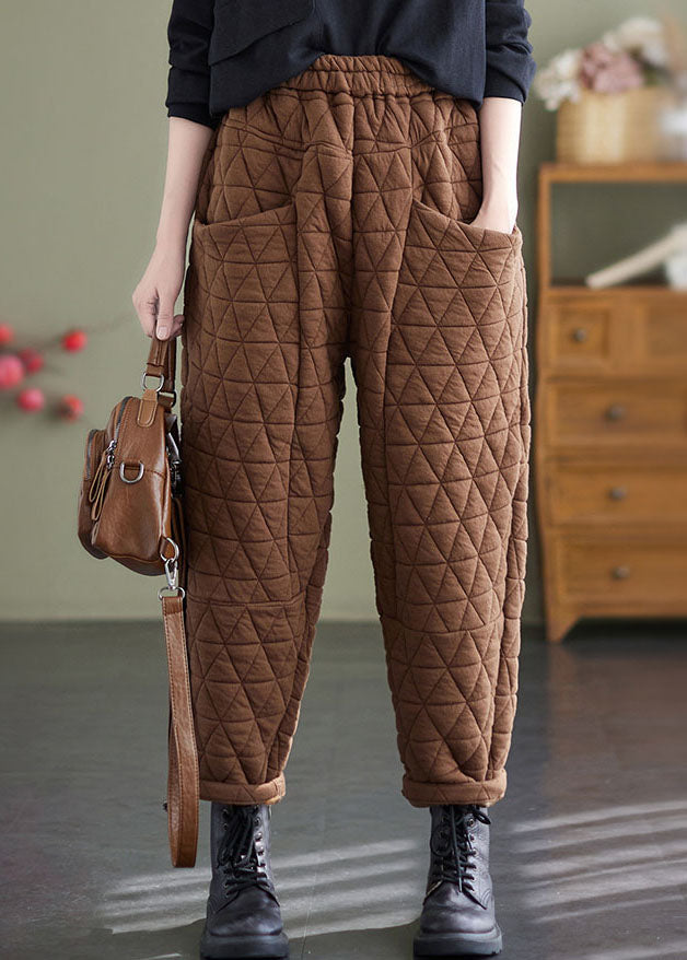 Coffee Plaid Elastic Waist Fleece Pants Winter