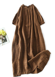 Coffee Plaid Patchwork Linen Dress Ruffled Button Summer