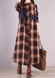 Coffee Plaid Warm Fleece Shirts Dresses Peter Pan Collar Button Fall