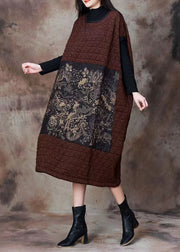 Coffee Pockets Cotton Filled Long Dresses Turtleneck Spring