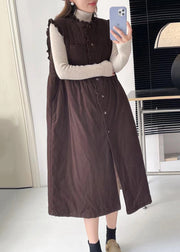 Coffee Pockets Cotton Filled Waistcoat Long Dress Stand Collar Winter