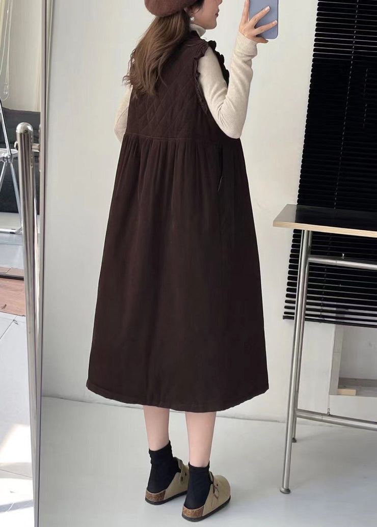 Coffee Pockets Cotton Filled Waistcoat Long Dress Stand Collar Winter