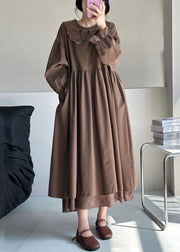 Coffee Pockets Cotton Long Dresses Peter Pan Collar Long Sleeve