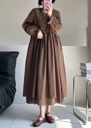 Coffee Pockets Cotton Long Dresses Peter Pan Collar Long Sleeve