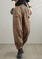 Coffee Pockets Cozy Fine Cotton Filled Pants Elastic Waist Winter