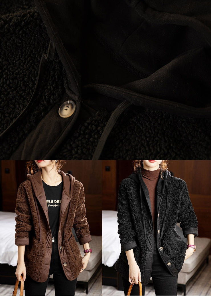 Coffee Pockets Patchwork Coats Teddy Faux Fur Hooded Long Sleeve