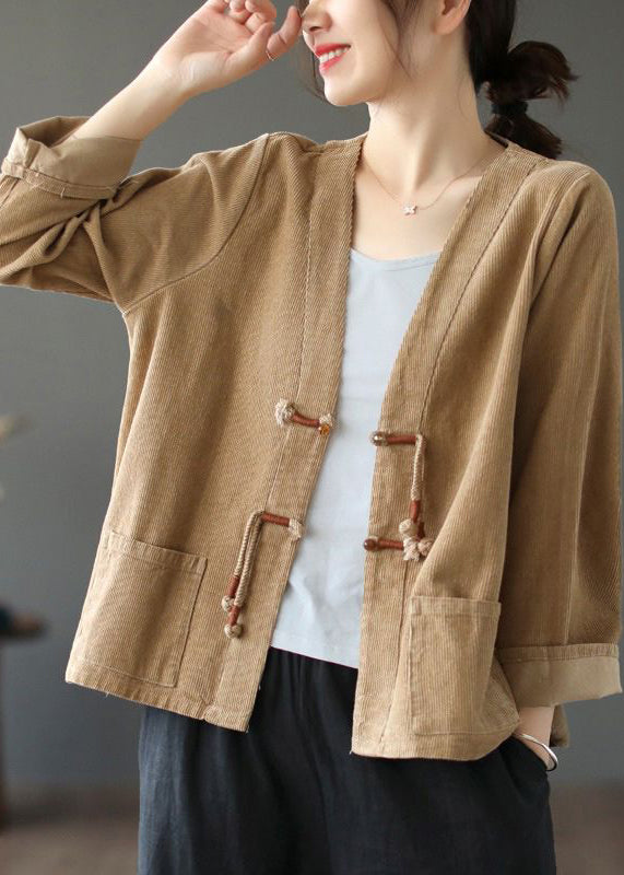 Coffee Pockets Patchwork Corduroy Coat V Neck Tasseled Fall