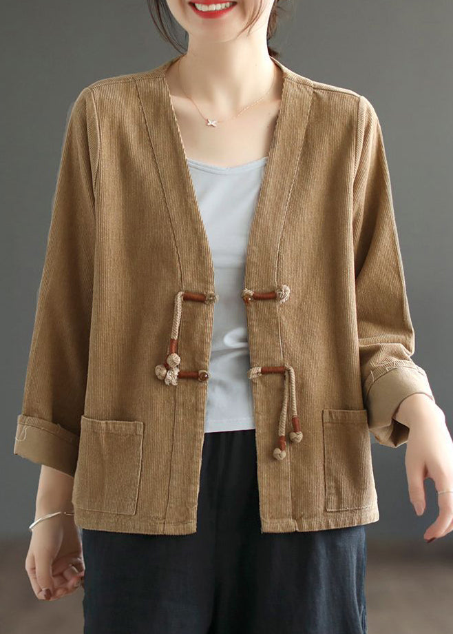 Coffee Pockets Patchwork Corduroy Coat V Neck Tasseled Fall