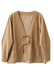 Coffee Pockets Patchwork Corduroy Coat V Neck Tasseled Fall