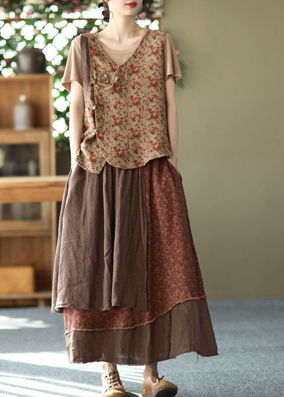 Coffee Pockets Patchwork Cotton Skirt Wrinkled Asymmetrical Spring