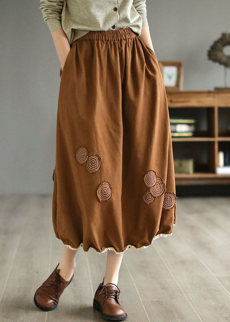 Coffee Pockets Patchwork Cotton Skirts Wrinkled Embroideried Spring