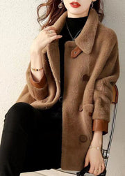 Coffee Pockets Patchwork Faux Fur Coat Peter Pan Collar Button Fall