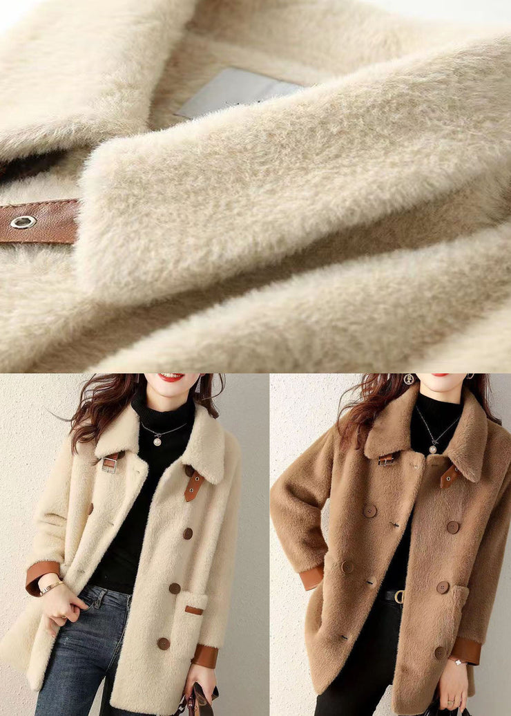 Coffee Pockets Patchwork Faux Fur Coat Peter Pan Collar Button Fall