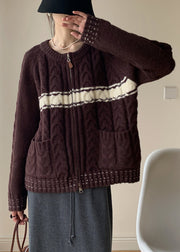 Coffee Pockets Patchwork Knit Spring Sweater Zip Up