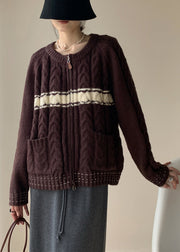 Coffee Pockets Patchwork Knit Spring Sweater Zip Up