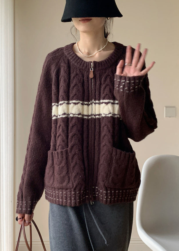 Coffee Pockets Patchwork Knit Winter Sweater Zip Up