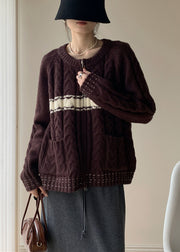 Coffee Pockets Patchwork Knit Spring Sweater Zip Up