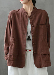 Coffee Pockets Patchwork Linen Coats Stand Collar Button Spring