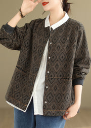 Coffee Pockets Print Denim Jackets O Neck Spring