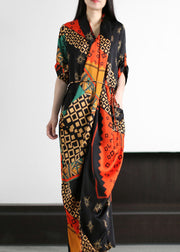 Coffee Pockets Print Patchwork Silk Gown Wrinkled Tie Waist Summer