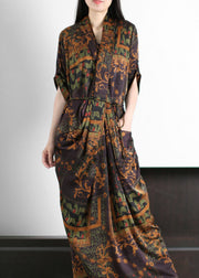 Coffee Pockets Print Patchwork Silk Gown Wrinkled Tie Waist Summer