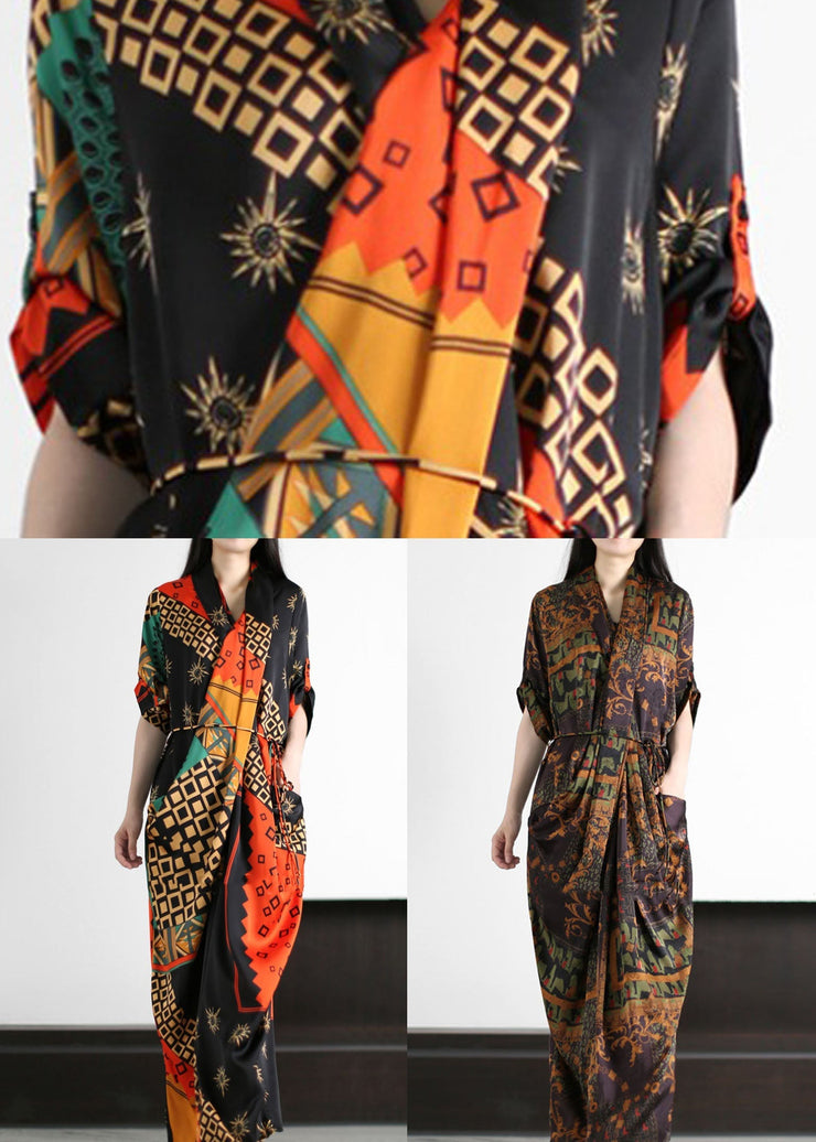 Coffee Pockets Print Patchwork Silk Gown Wrinkled Tie Waist Summer