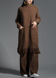 Coffee Pockets Wool Knitwear Dress Stand Collar Winter