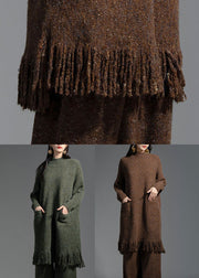 Coffee Pockets Wool Knitwear Dress Stand Collar Winter