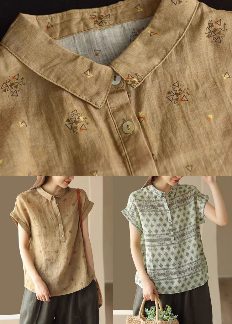 Coffee Print Button Patchwork Linen Top Peter Pan Collar Short Sleeve