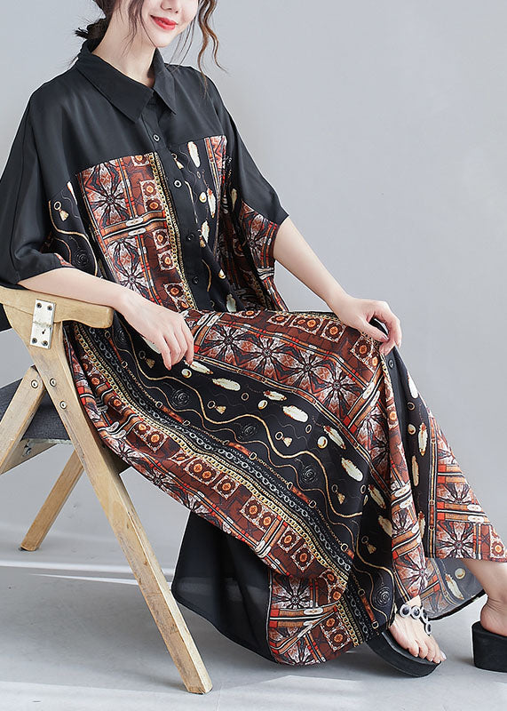 Coffee Print Chiffon Long Dress Peter Pan Collar Summer