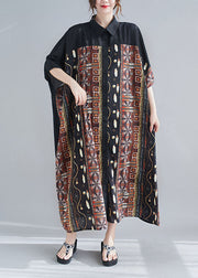 Coffee Print Chiffon Long Dress Peter Pan Collar Summer