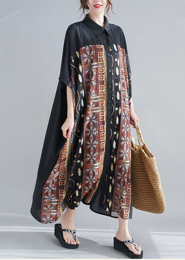 Coffee Print Chiffon Long Dress Peter Pan Collar Summer