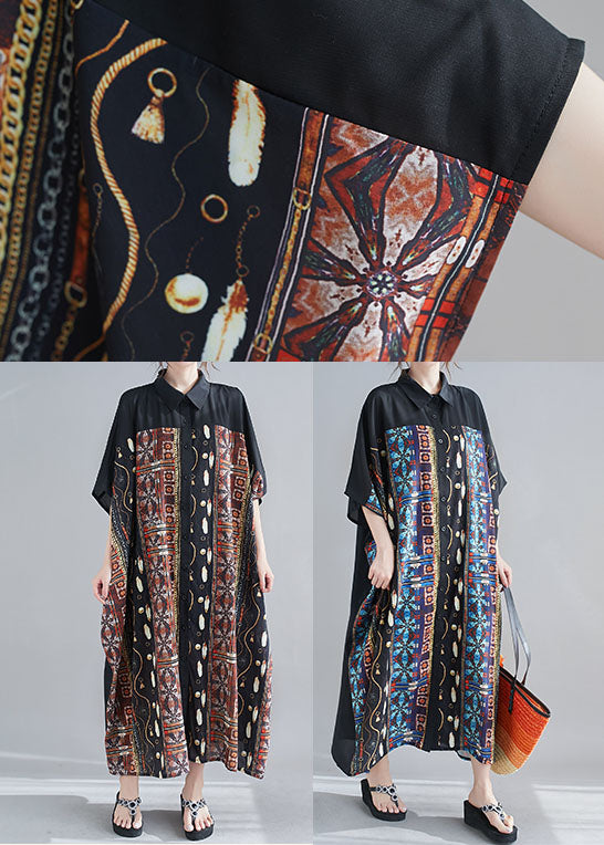 Coffee Print Chiffon Long Dress Peter Pan Collar Summer