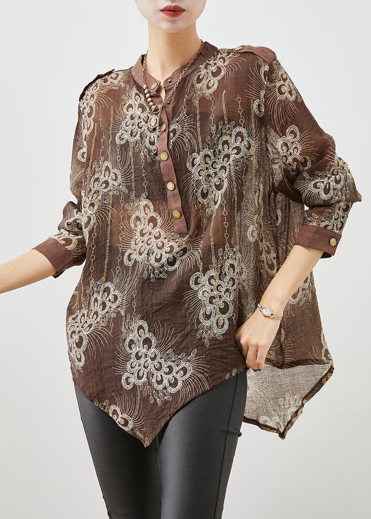 Coffee Print Cotton Shirt Top Asymmetrical Fall