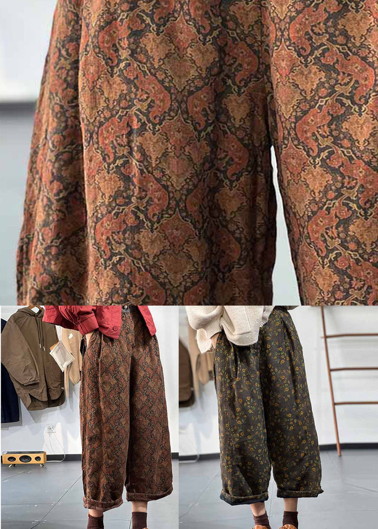 Chocolate Print Fine Cotton Filled Linen Pants Elastic Waist Winter