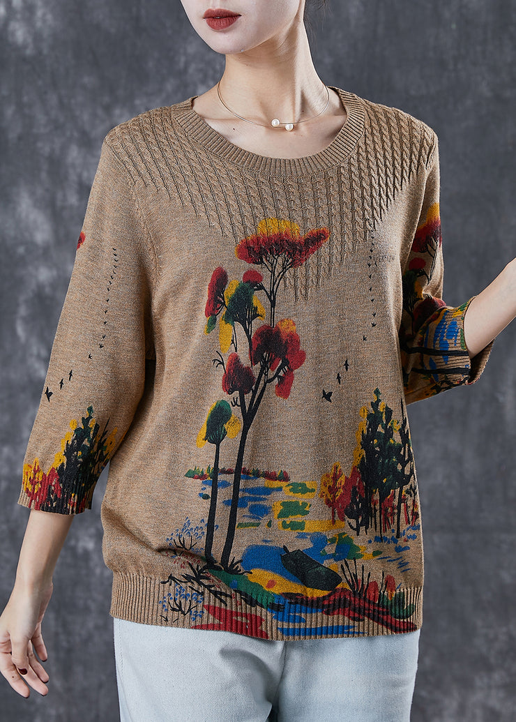 Coffee Print Knit Sweater Tops Oversized Spring