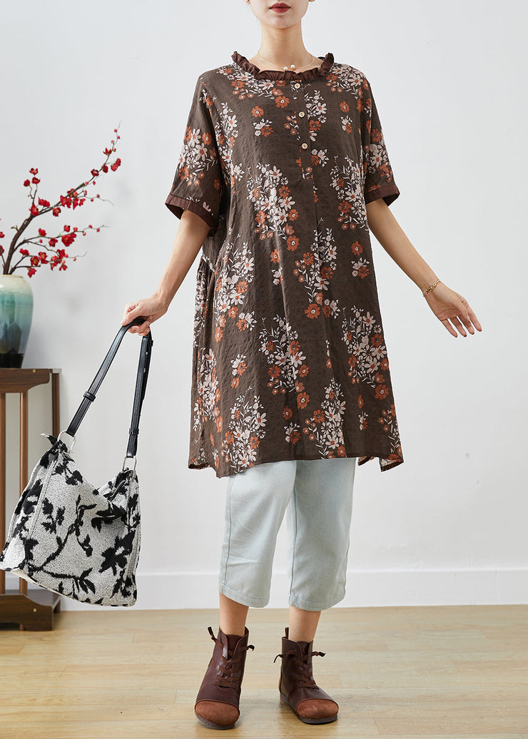 Coffee Print Linen Shirt Dresses Ruffled Summer