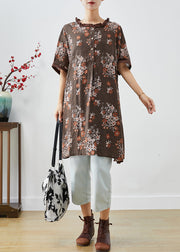 Coffee Print Linen Shirt Dresses Ruffled Summer