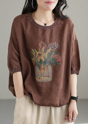 Chocolate Print Linen Tank Tops O-Neck Oversized Short Sleeve