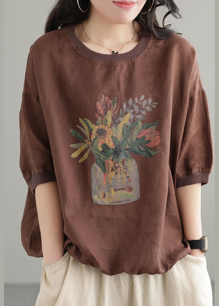 Chocolate Print Linen Tank Tops O-Neck Oversized Short Sleeve