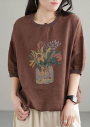 Chocolate Print Linen Tank Tops O-Neck Oversized Short Sleeve