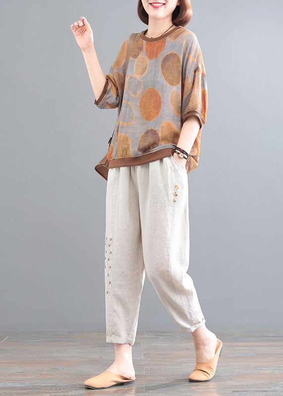 Chocolate Print Linen Tanks And Pants Two Pieces Set O-Neck Embroideried Summer