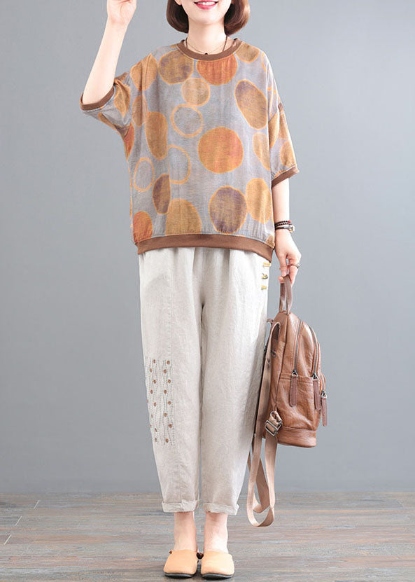 Chocolate Print Linen Tanks And Pants Two Pieces Set O-Neck Embroideried Summer