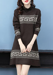 Chocolate Print Long A Line Dress Turtle Neck Long Sleeve