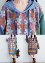 Coffee Print Patchwork Cotton Dress Hooded Spring