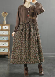 Coffee Print Patchwork Cotton Long Dress Drawstring O Neck Lace Spring