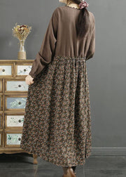 Coffee Print Patchwork Cotton Long Dress Drawstring O Neck Lace Spring