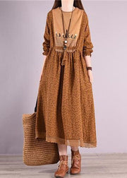 Coffee Print Patchwork Linen Dresses O Neck Elastic Waist Long Sleeve