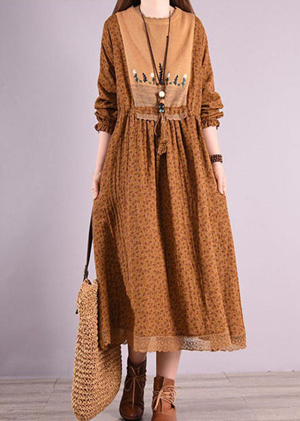 Coffee Print Patchwork Linen Dresses O Neck Elastic Waist Long Sleeve