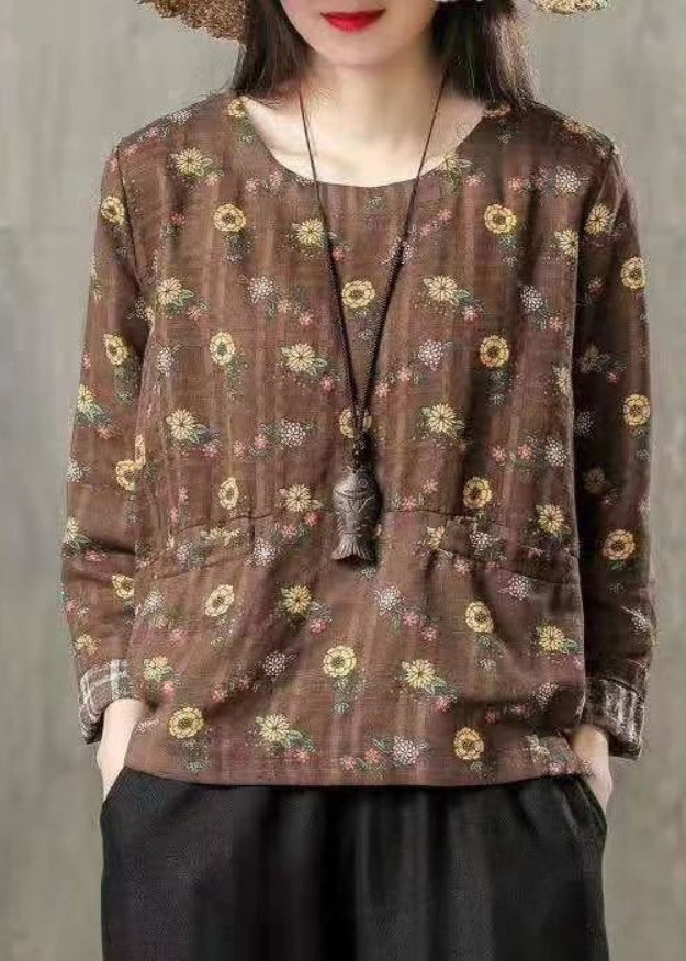 Coffee Print Pockets Patchwork Cotton T Shirts O Neck Fall